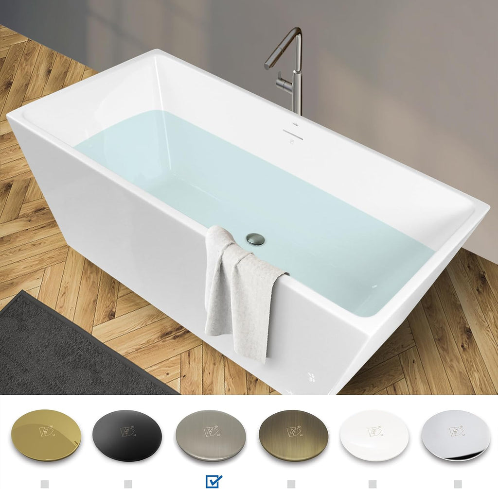 FerdY Palawan 59' Acrylic Freestanding Bathtub, Rectangle Contemporary Design Freestanding Soaking Bathtub, cUPC Certified, Brushed Nickel Drain and Minimalist Linear Design Overflow Included