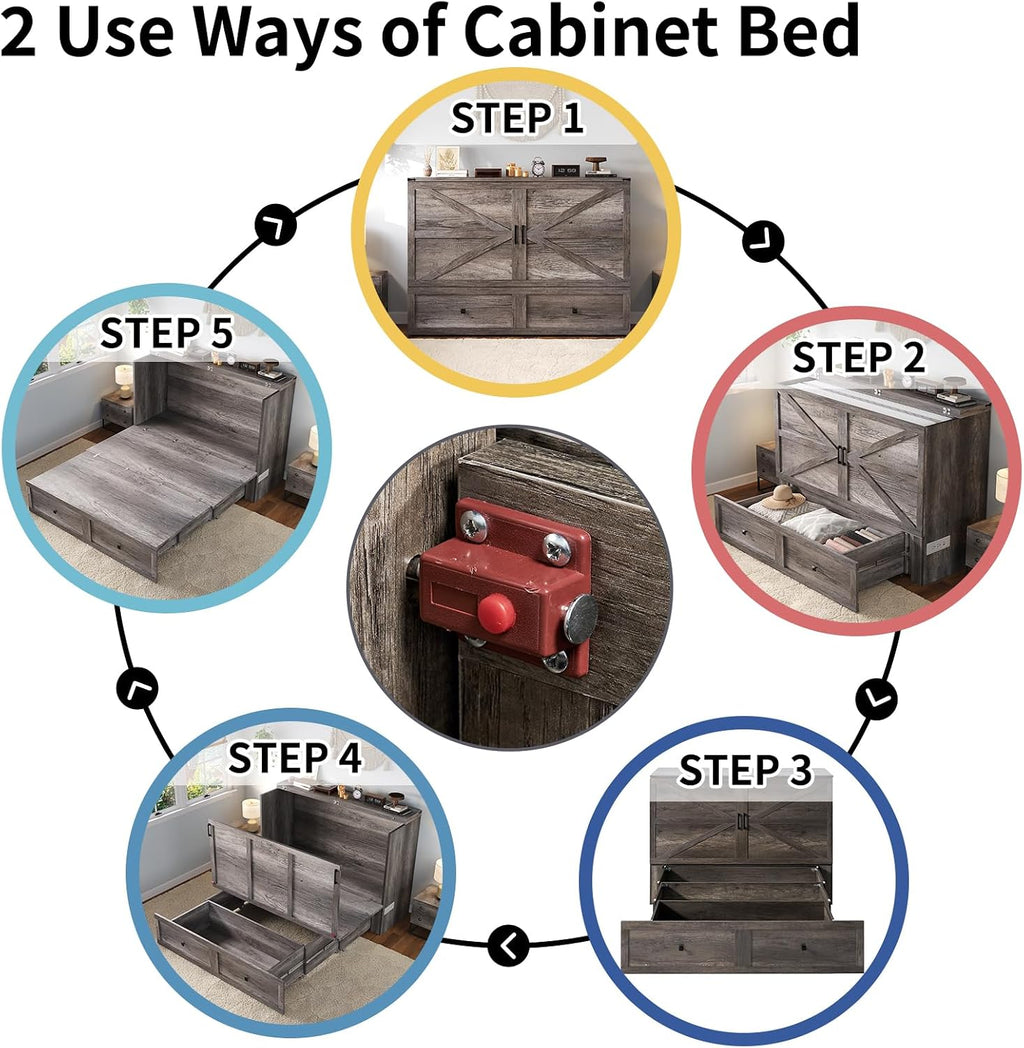 LUXOAK Murphy Bed Queen Size Cabinet Bed with Charging Station, Large Storage Drawer for Home Office or Small Room, Hideaway Bed Foldable Platform Bed, Rustic Grey