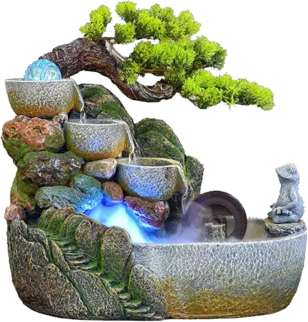 HIHELO Desktop Fountain Indoor Tabletop Fountain Waterfall Zen Meditation Indoor Waterfall Function with Automatic Pump Artificial Tree and Lighting Waterfall Water Fountain Outdoor (Size : Medium)
