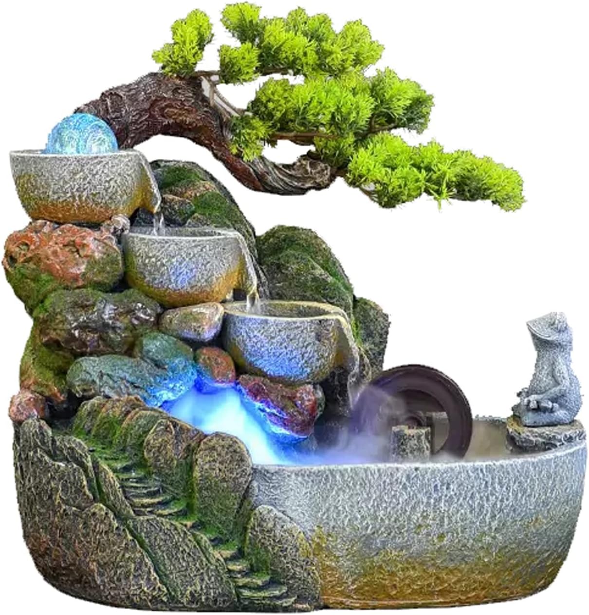 HIHELO Desktop Fountain Indoor Tabletop Fountain Waterfall Zen Meditation Indoor Waterfall Function with Automatic Pump Artificial Tree and Lighting Waterfall Water Fountain Outdoor (Size : Medium)