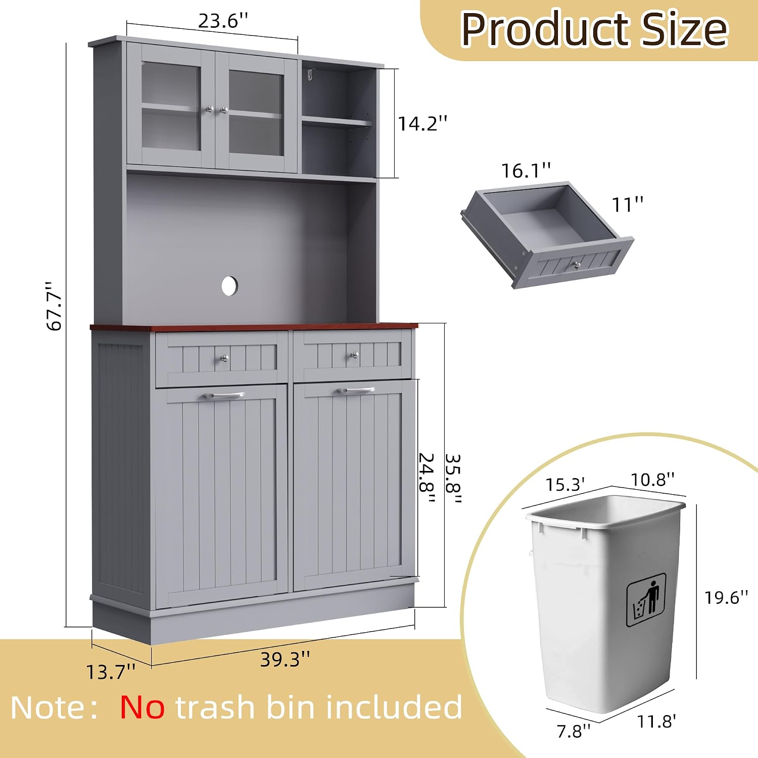 Double Tilt Out Trash Cabinet Storage Cabinet 20 Gallon with Two Solid Wood Hideaway Trash Holder Drawers, Dual Wooden Free Standing Recycling Cabinets Trash Can Bin Kitchen (Gray)