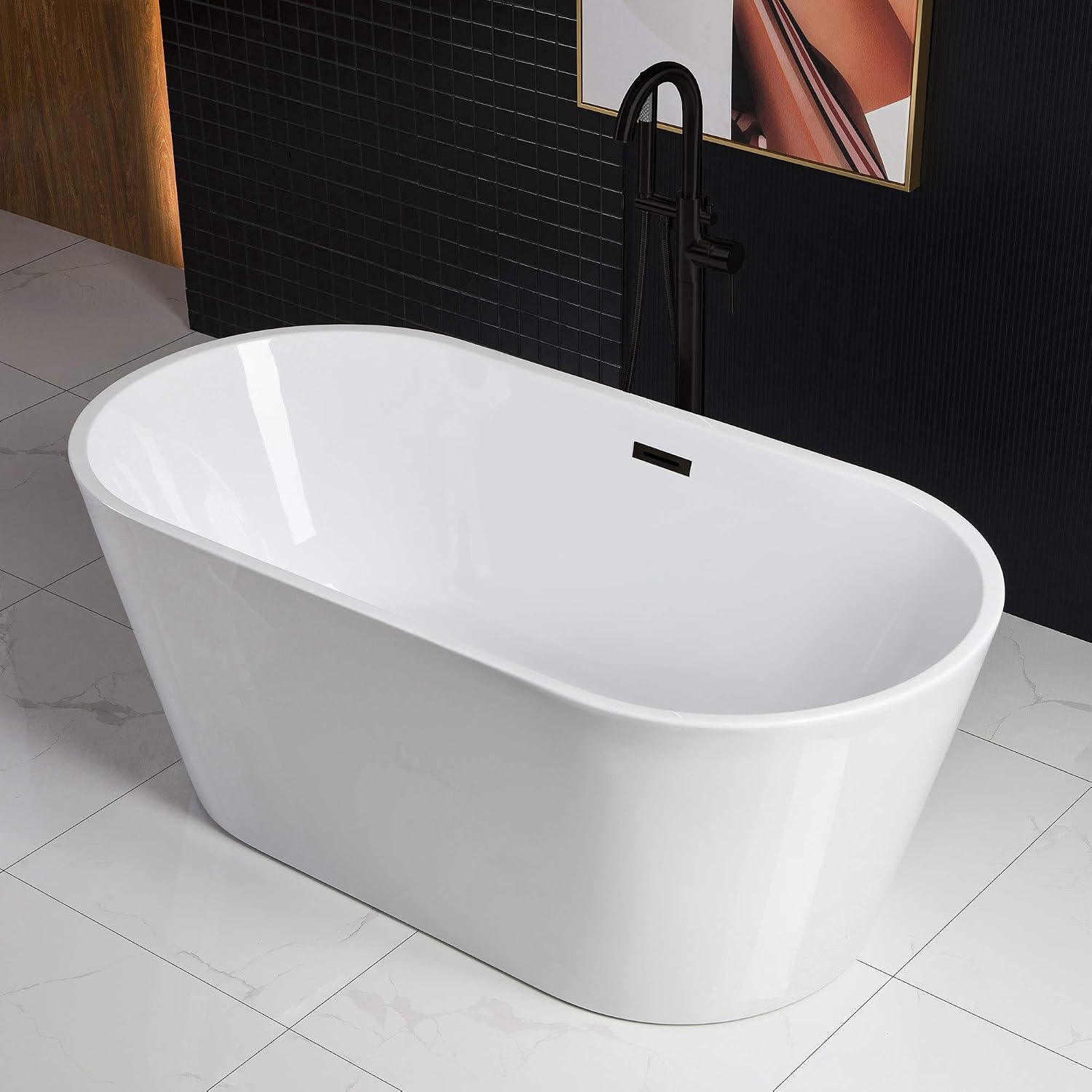 WOODBRIDGE 59' Acrylic Freestanding Bathtub Contemporary Soaking White Tub with Matte Black Overflow and Drain，BTA1514 -MB-Drain &O