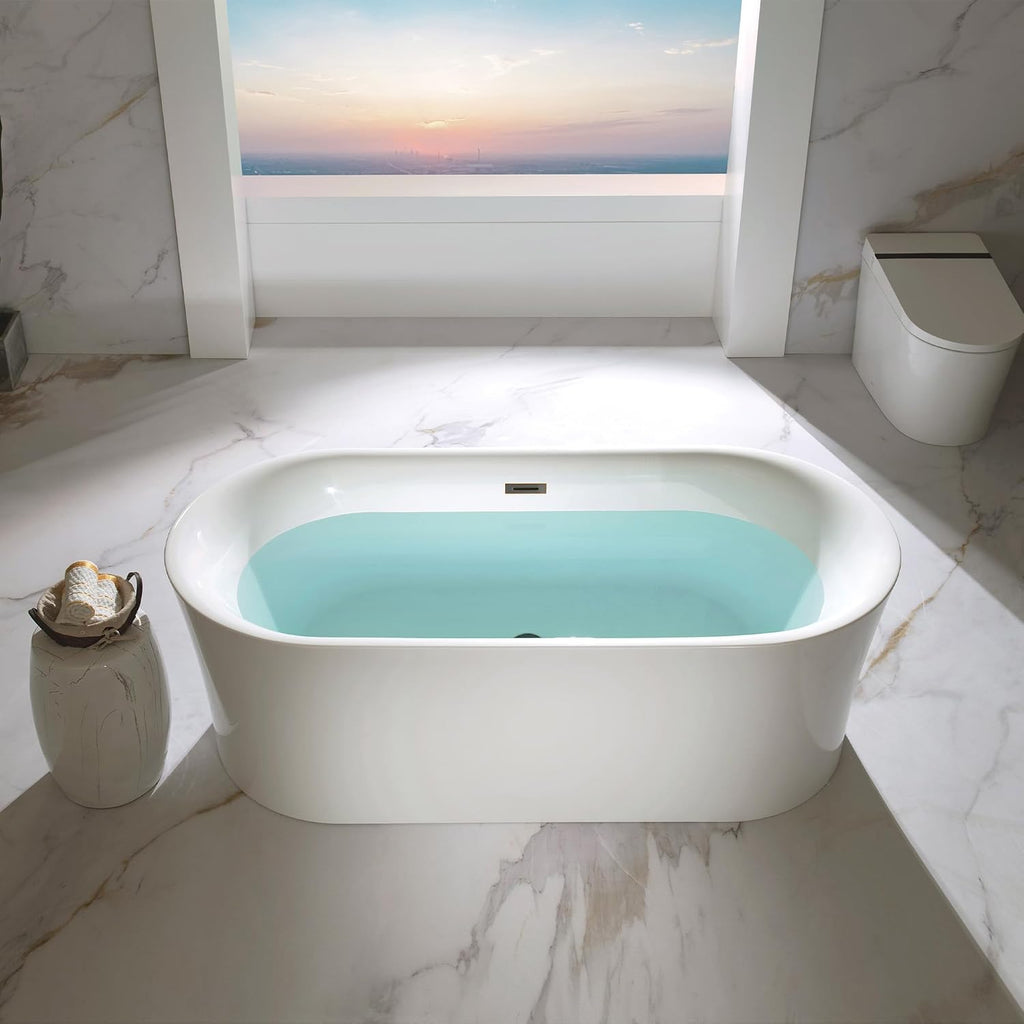 WOODBRIDGE 67' Acrylic Freestanding Bathtub Contemporary Soaking Tub with Matte Black Overflow and Drain,White Tub,B0057-MB
