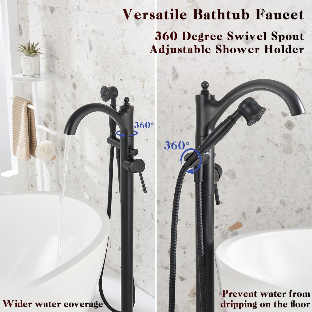 Freestanding Bathtub Faucet, Matte Black Classic Free Standing Tub Faucet with Vintage Handheld Sprayer High Flow Max 7.04GPM Floor Mounted Tub Filler (WT-9002BK)