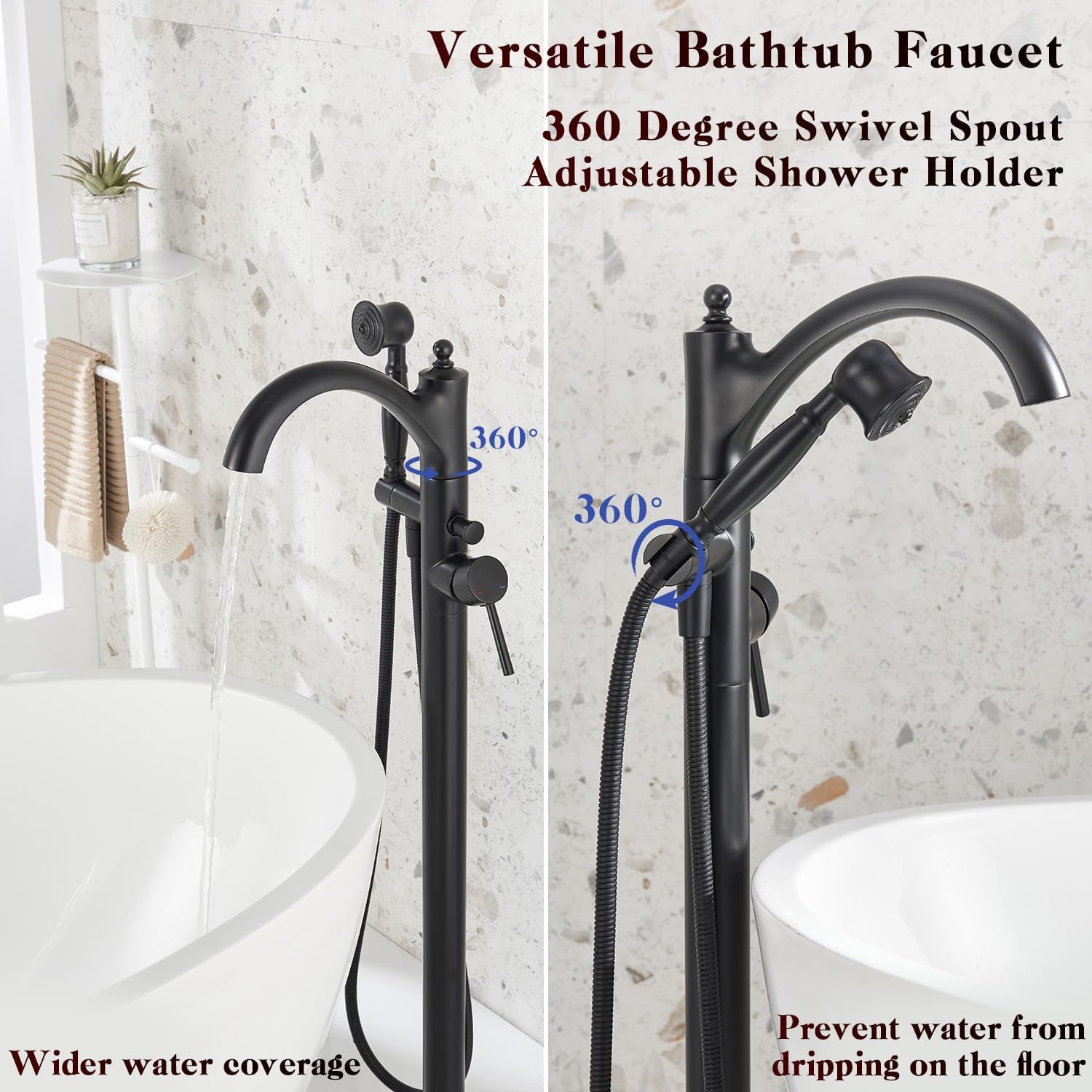 Freestanding Bathtub Faucet, Matte Black Classic Free Standing Tub Faucet with Vintage Handheld Sprayer High Flow Max 7.04GPM Floor Mounted Tub Filler (WT-9002BK)