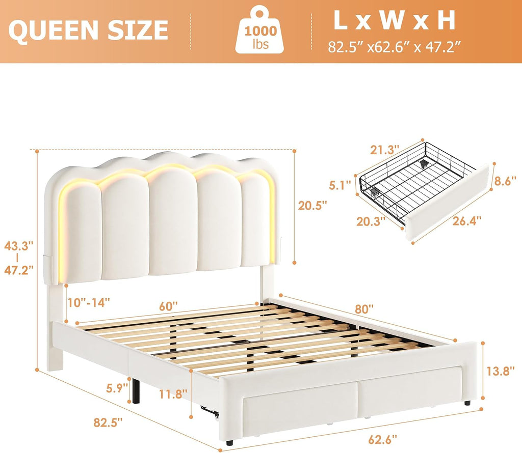 Queen Upholstered LED Bed Frame with 2 Storage Drawers and Adjustable Chic Double Wavy Headboard, Velvet Princess Platform Bed with Charing Station, Solid Wood Slats Support,No Box Spring Needed,Beige