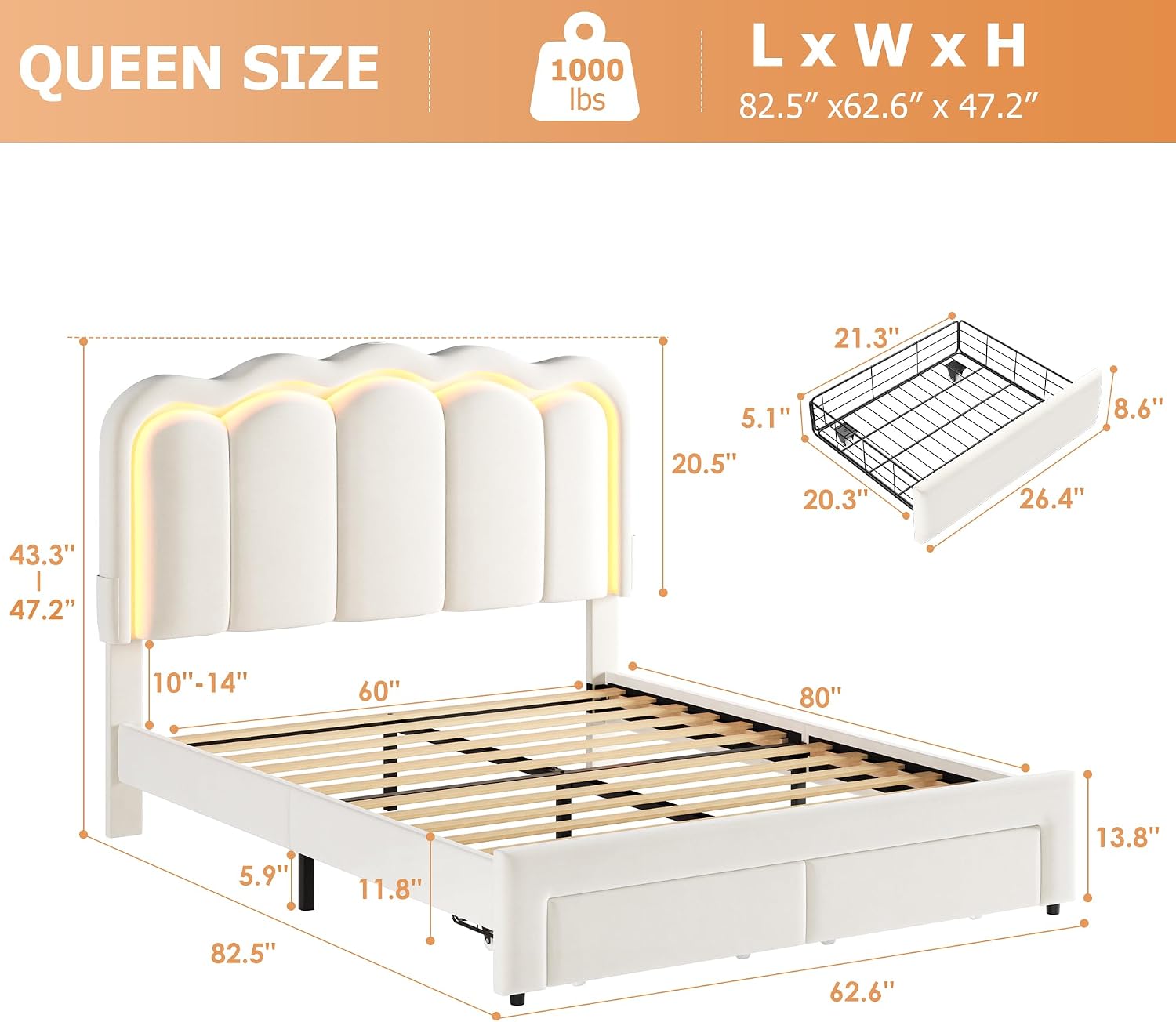 Queen Upholstered LED Bed Frame with 2 Storage Drawers and Adjustable Chic Double Wavy Headboard, Velvet Princess Platform Bed with Charing Station, Solid Wood Slats Support,No Box Spring Needed,Beige