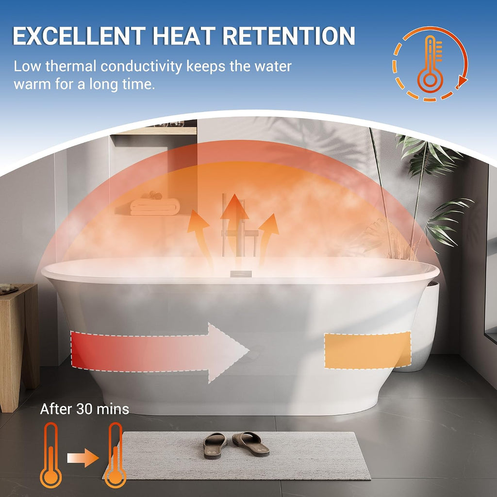 59 Inch Freestanding Bathtub Acrylic Oval Rim Soaking Tub with Chrome Pop-Up Drain, Gray Exterior White Interior Therapeutic Design for Bathroom Relaxation, Easy Install