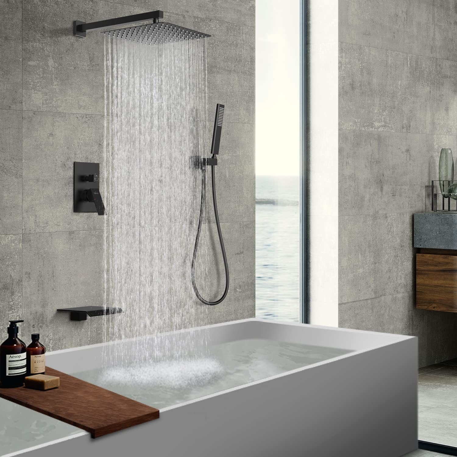 Male NPT Matte Black Shower System, 12 Inch Shower Fixtures Rain Shower Head with Handheld Shower Spray, Wall Mount Shower Faucet Set for Bathroom(Pressure Balance Shower Trim Valve Kit Included)