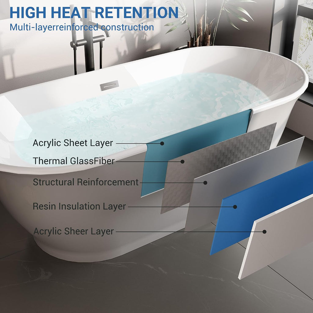 59 Inch Freestanding Bathtub Acrylic Oval Rim Soaking Tub with Chrome Pop-Up Drain, Gray Exterior White Interior Therapeutic Design for Bathroom Relaxation, Easy Install