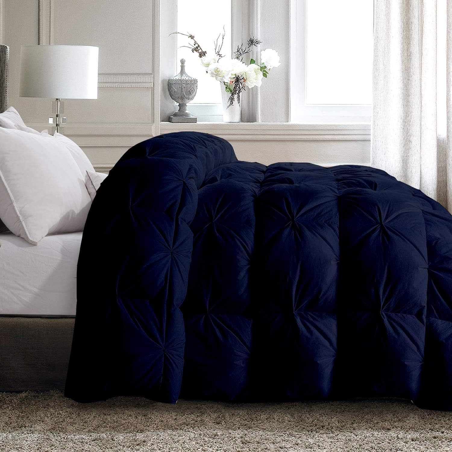 Pinch Pleated Navy Blue 5 Piece Soft 500 GSM California Queen Size Comforter Set (Comforter + 4 Pillowcases) 1000 Series Egyptian Cotton Comforter Set