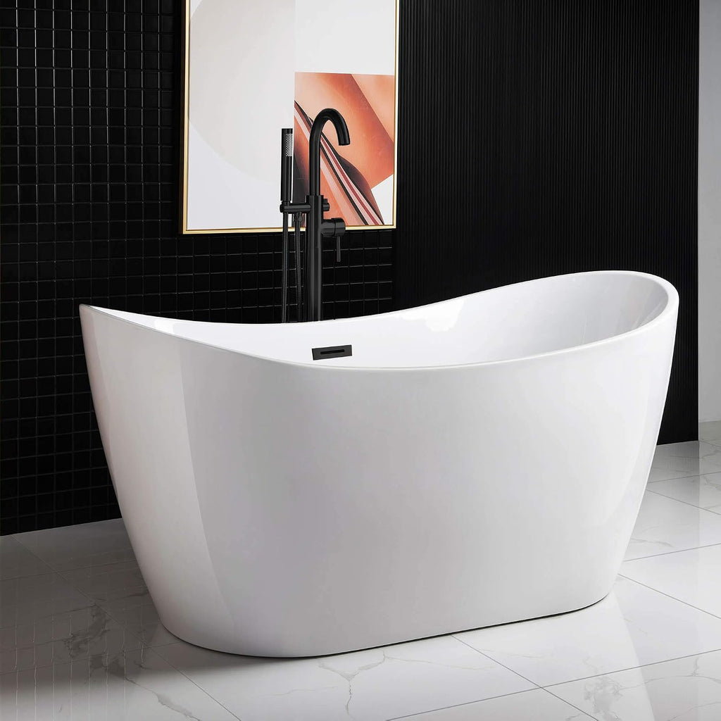 WOODBRIDGE 59' Acrylic Freestanding Bathtub Contemporary Soaking White Tub with Matte Black Overflow and Drain，B0016 -MB-Drain &O