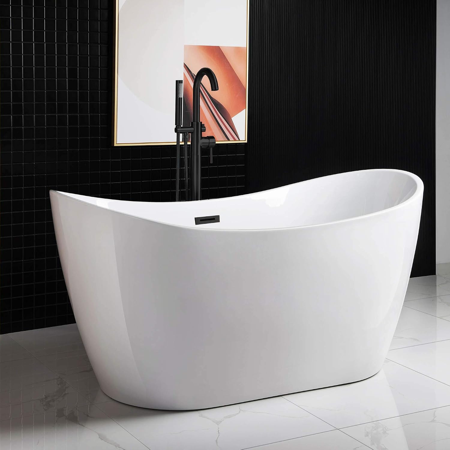 WOODBRIDGE 59' Acrylic Freestanding Bathtub Contemporary Soaking White Tub with Matte Black Overflow and Drain，B0016 -MB-Drain &O