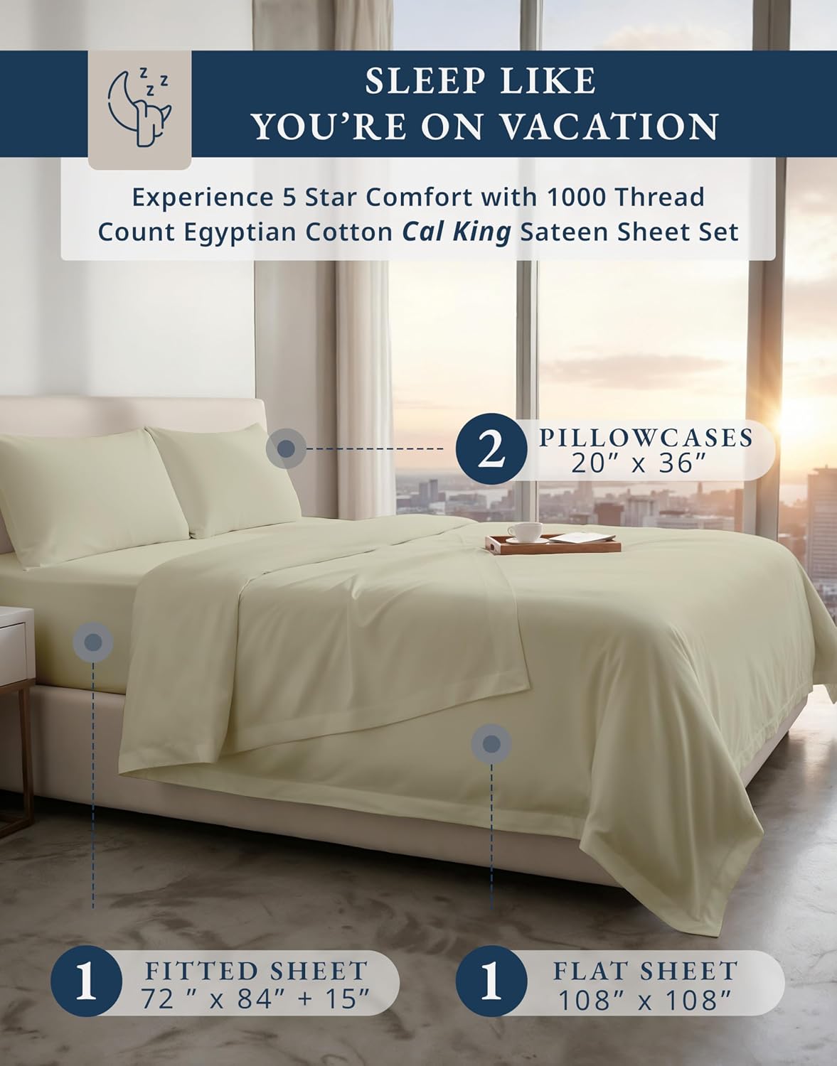 LANE LINEN 100% Egyptian Cotton Bed Sheets California King Size - 1000 Thread Count, Soft & Comfy Sateen Weave No Pill Fade Resistant Cal King Bedding Set, Machine wash 15'' Deep Pocket- Linen