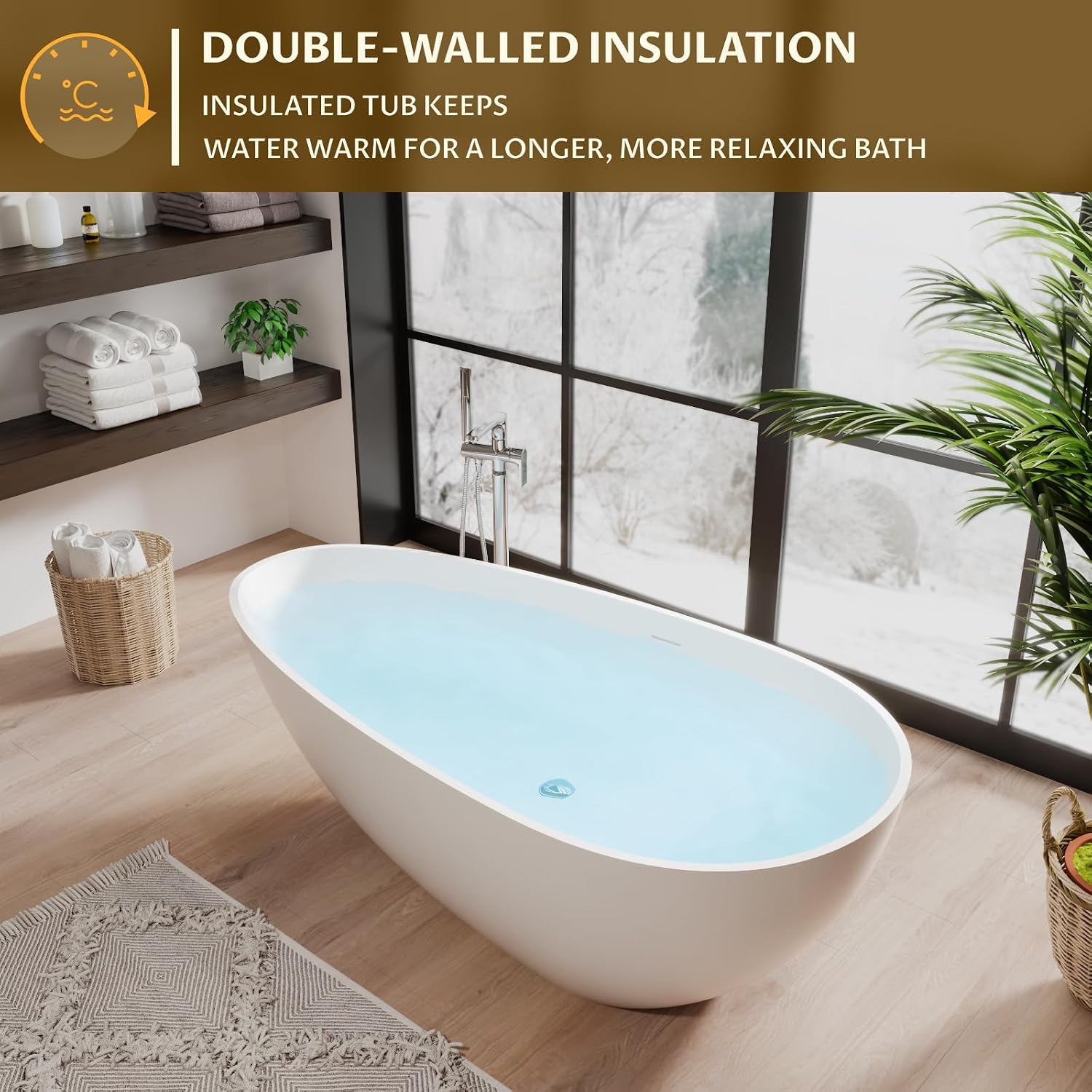 67 inch Freestanding Bathtub for Main Bathroom – Modern All-White Acrylic Free Standing Tub with Chrome Drain & Overflow, Deep Soaking Tub for Full-Body Comfort