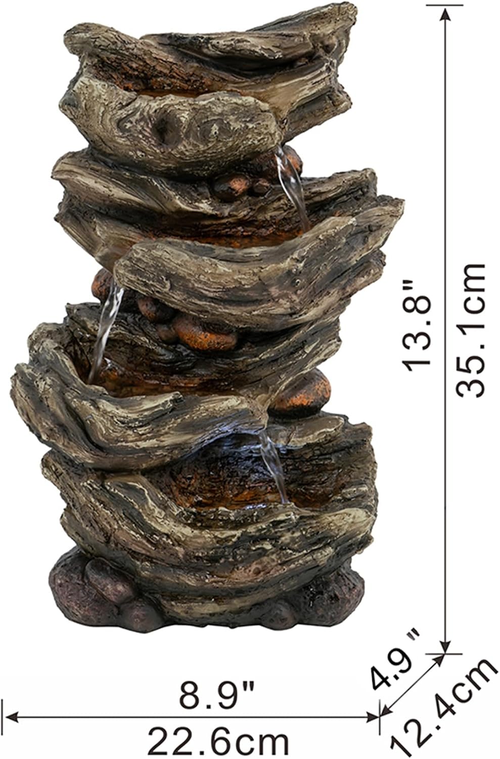 9x5x14 Indoor Brown Wood Look Water Fountain, 4 Tier Polyresin Cascading Wood Tabletop Fountain with LED Light