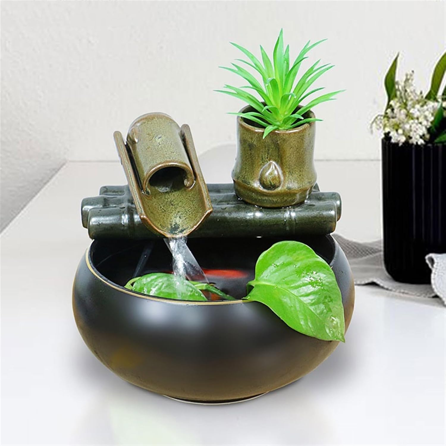 GLigeT Tabletop Fountain Rustic Style Ceramic Cycle Water Fountain Home Living Room TV Cabinet Decorative Furnishings Desktop Small Ornaments Water Fountain Decor