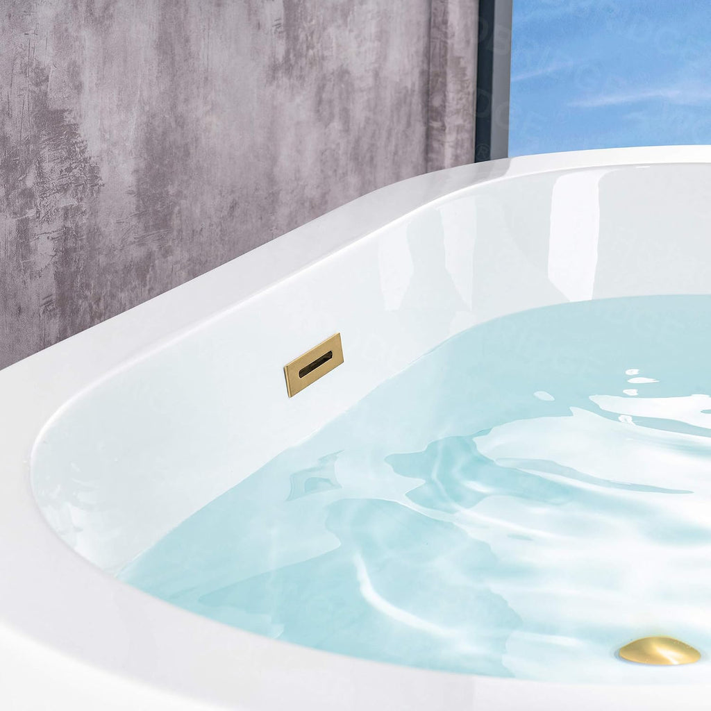 WOODBRIDGE 56' Acrylic Freestanding Bathtub Contemporary Soaking White Tub with Brushed Gold Overflow and Drain，B0088 -BG-Drain &O