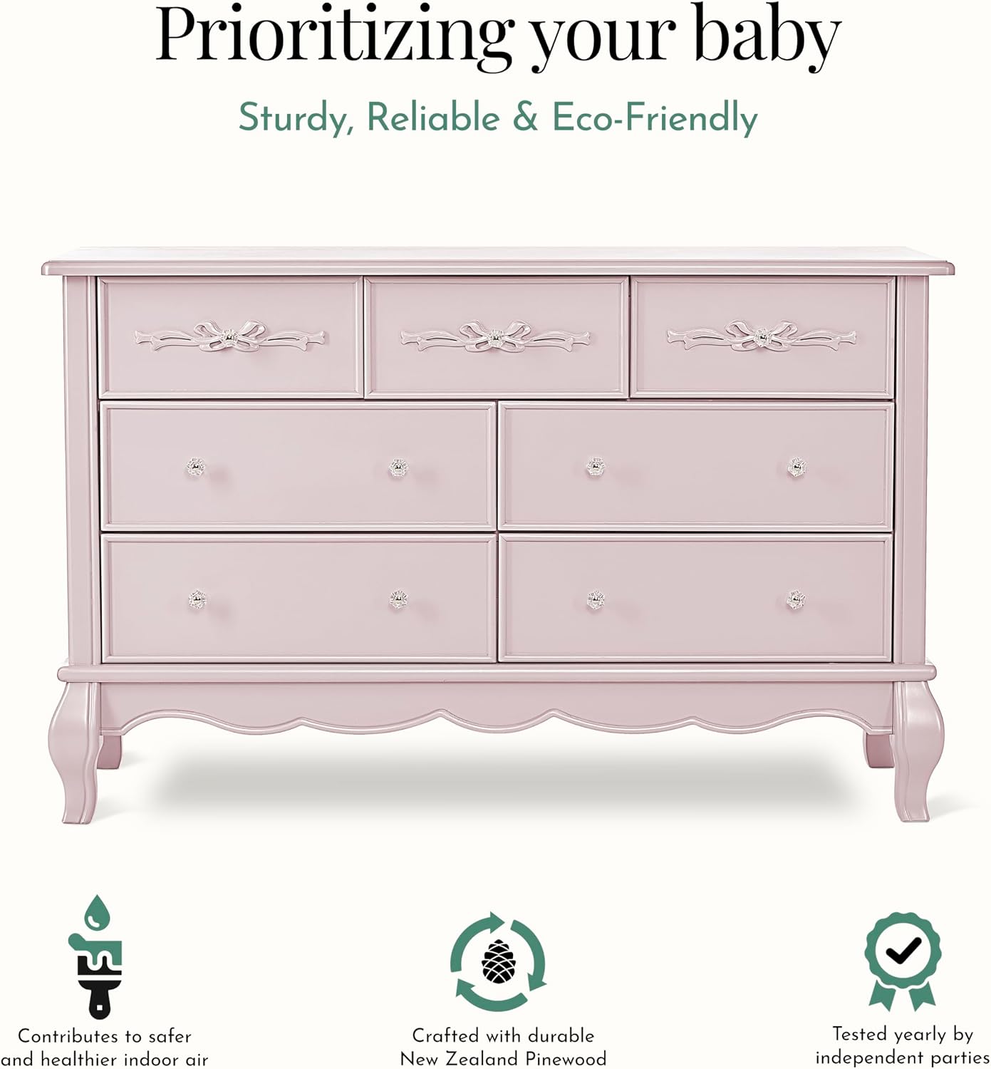Evolur Aurora 7 Drawer Double Dresser, Dusty Rose