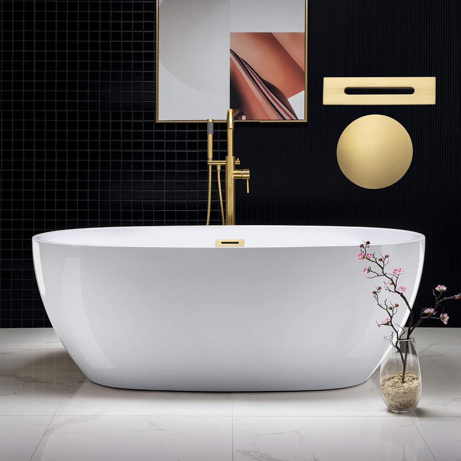 WOODBRIDGE 67' Acrylic Freestanding Bathtub Contemporary Soaking White Tub with Brushed Gold Overflow and Drain，BTA1528-BG