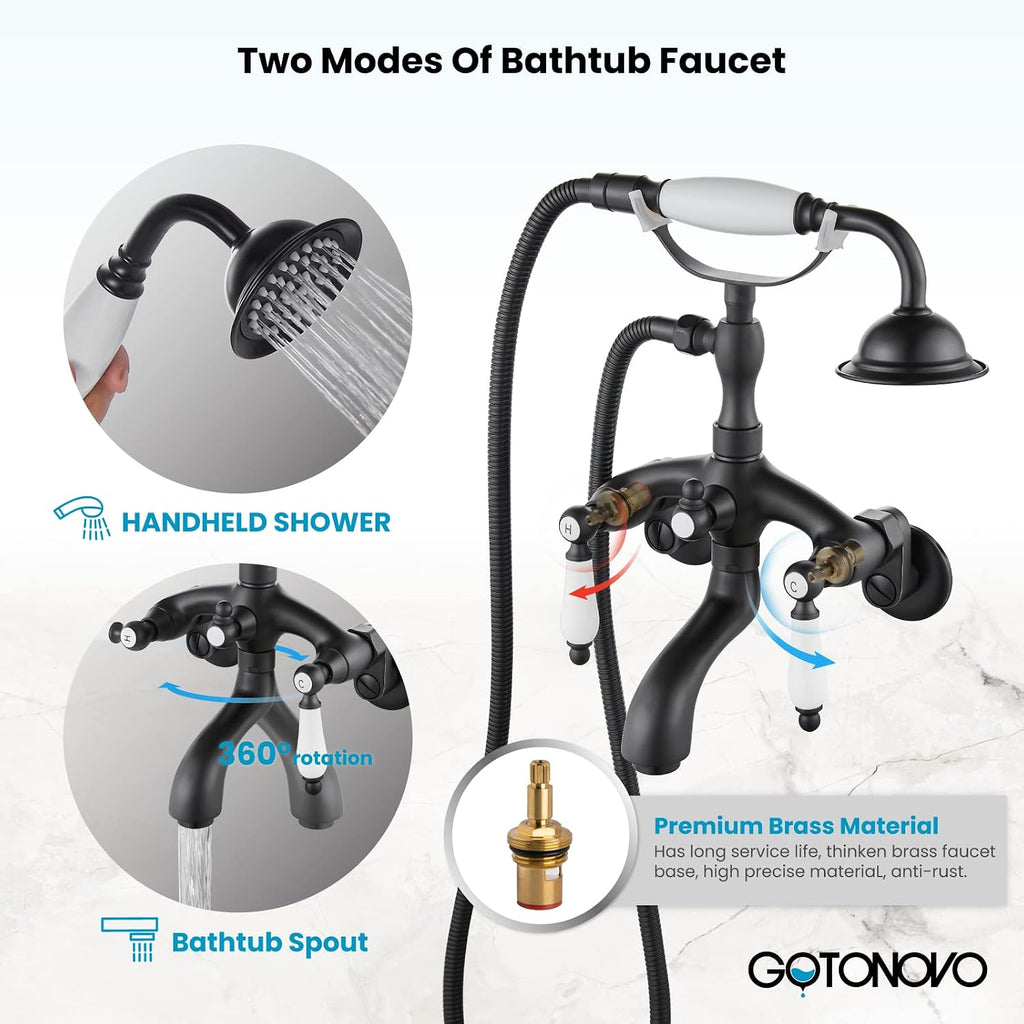 gotonovo Clawfoot Tub Bathtub Matte Black Shower Faucet with Hand Shower Sprayer Wall Mount Bronze Ceramics 2 Double Handle Shower Faucet System Telephone Shape