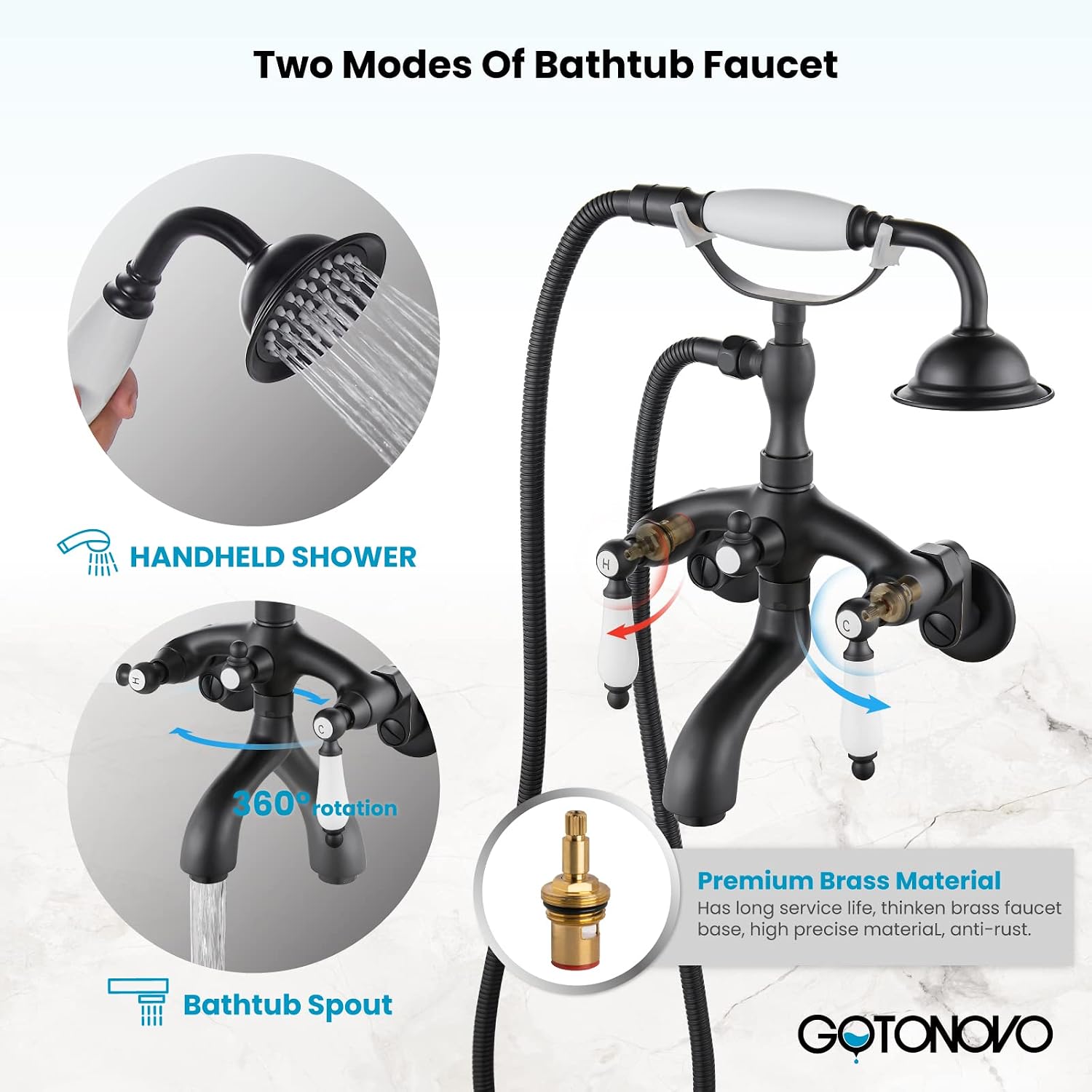 gotonovo Clawfoot Tub Bathtub Matte Black Shower Faucet with Hand Shower Sprayer Wall Mount Bronze Ceramics 2 Double Handle Shower Faucet System Telephone Shape