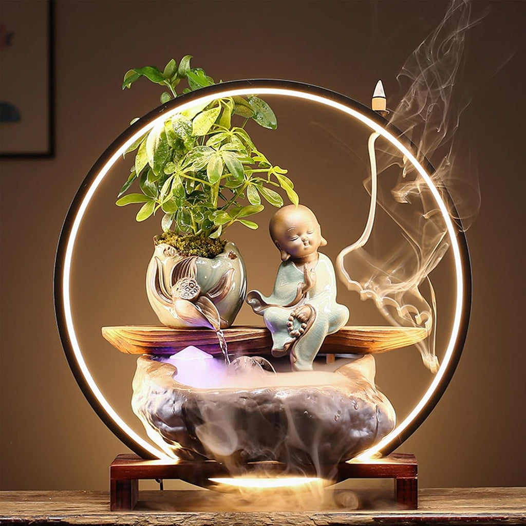 Tabletop Fountain with LED Light, Cwaterfall for Desk with Solid Wood Base & Water Storage Basin, Chinese Zen-Inspired Flowing Water Ornament for Office Living Room(G)