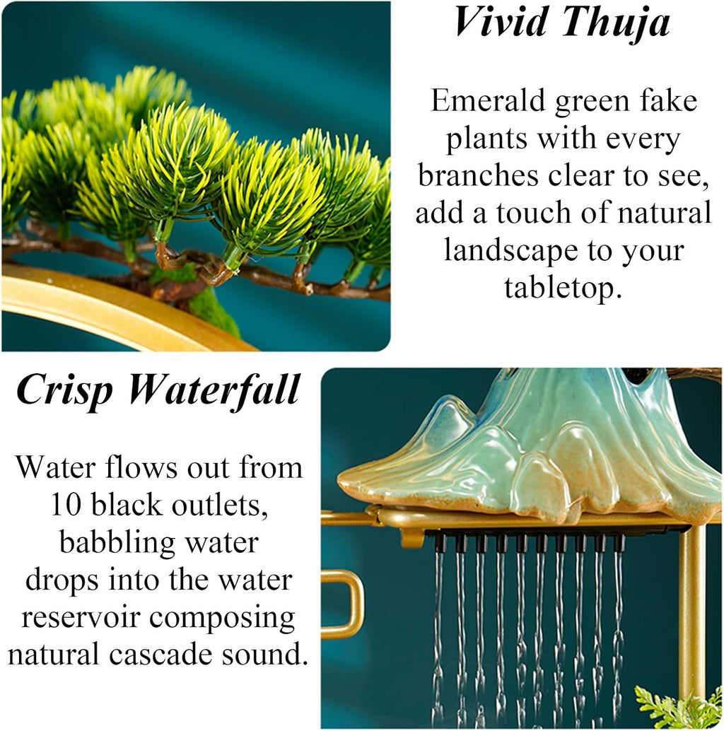 Peacock Tabletop Water Fountains Indoor Waterfall with LED Light Desktop Fountain for Meditation with Mist Japanese Fountain with Fake Plants Feng Shui Office Home Decor for Good Luck Wealth