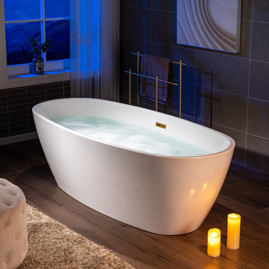 WOODBRIDGE 71' Acrylic Freestanding Bathtub Contemporary Soaking Tub, White Acrylic,Brushed Gold Drain/Overflow