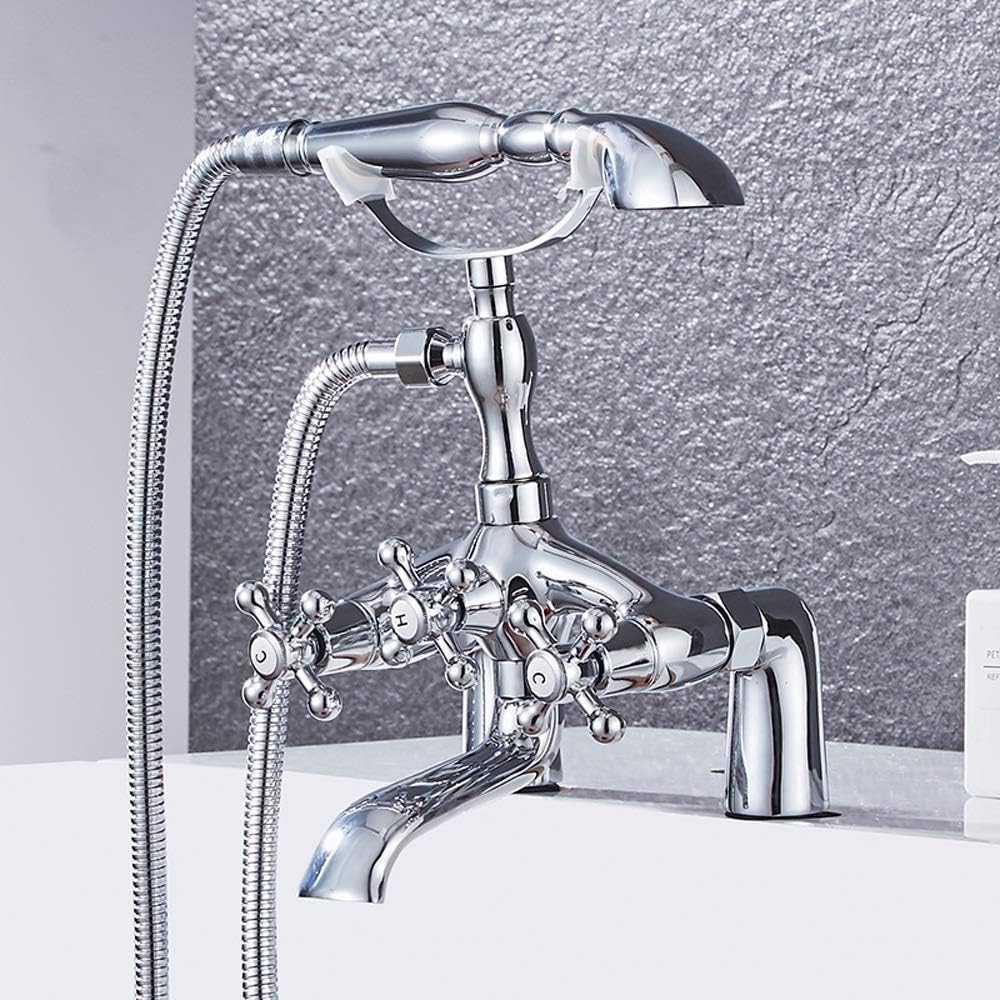 Chrome Plating Bathtub Shower Set Bathtub Side Simple Shower Deck Installation Double Handle 2 Functions Hand Shower Thick Brass Mixing Valve Hot and Cold Water Faucet Rotating Faucet/C Full Moon