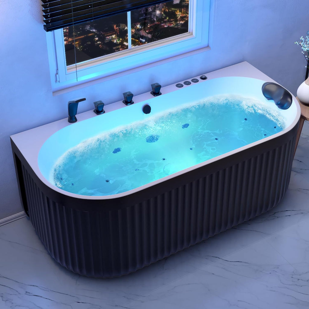 ANZZI 67 in. x 32 in. Flat Bottom Stone Resin Freestanding 92 Gallon Combination Bathtub with Center Drain in Black and White