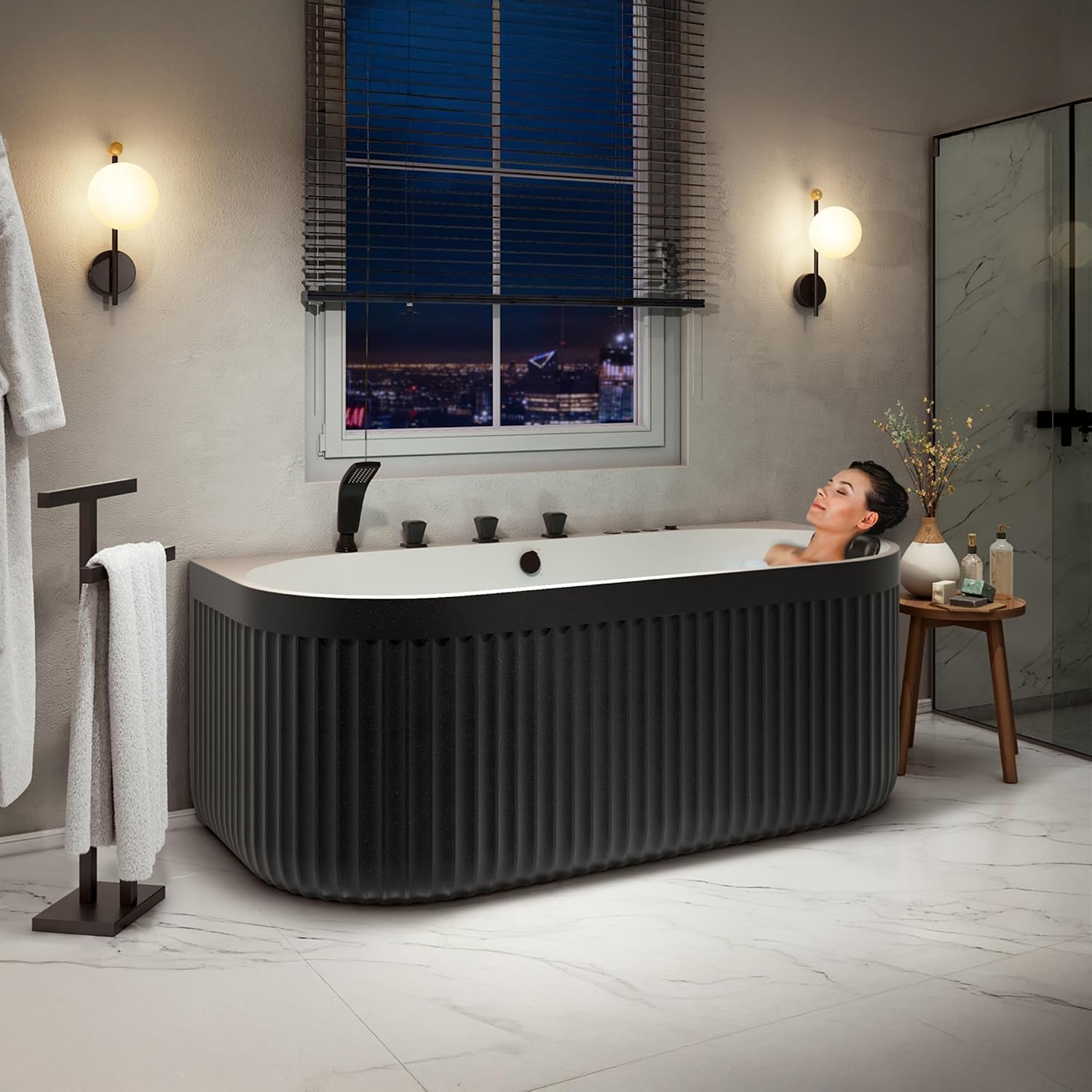 ANZZI 67 in. x 32 in. Flat Bottom Stone Resin Freestanding 92 Gallon Combination Bathtub with Center Drain in Black and White