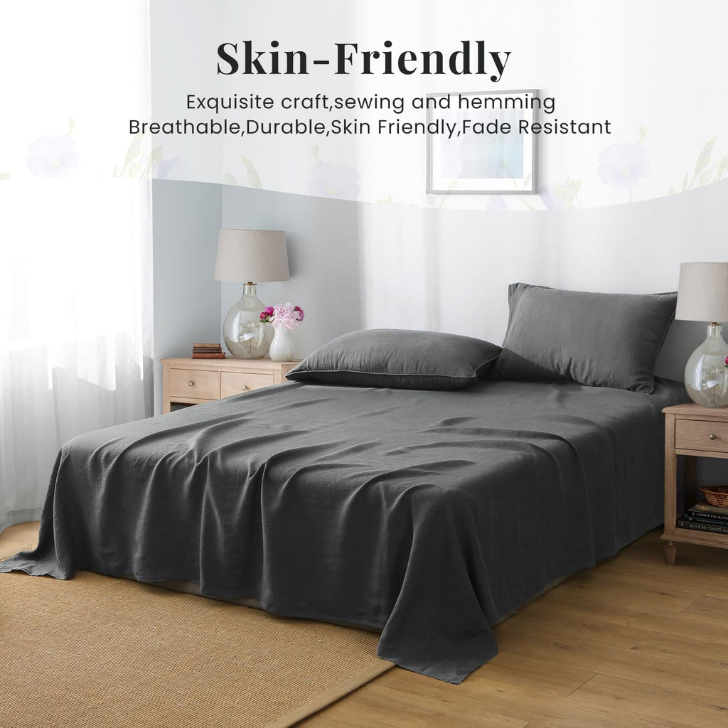 S VICTORY SYMBOL 100% Organic Linen Sheets Set Queen 4Pcs,Stone Washed French Flax Linen Bed Sheets(1 Flat Sheet,1 Fitted Sheet,2 Pillowcase) GOTS Certified,Farmhouse Bedding-Dark Grey