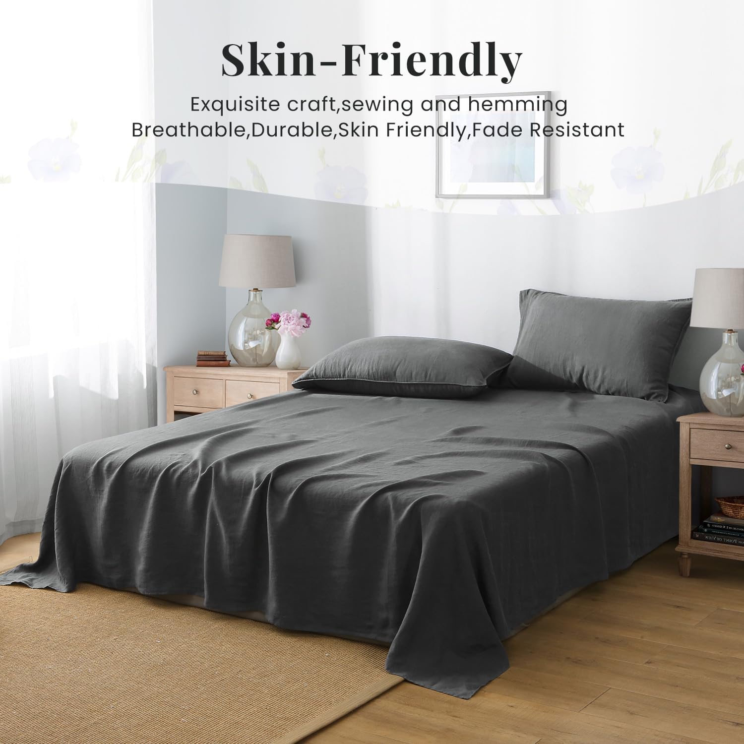 S VICTORY SYMBOL 100% Organic Linen Sheets Set Queen 4Pcs,Stone Washed French Flax Linen Bed Sheets(1 Flat Sheet,1 Fitted Sheet,2 Pillowcase) GOTS Certified,Farmhouse Bedding-Dark Grey