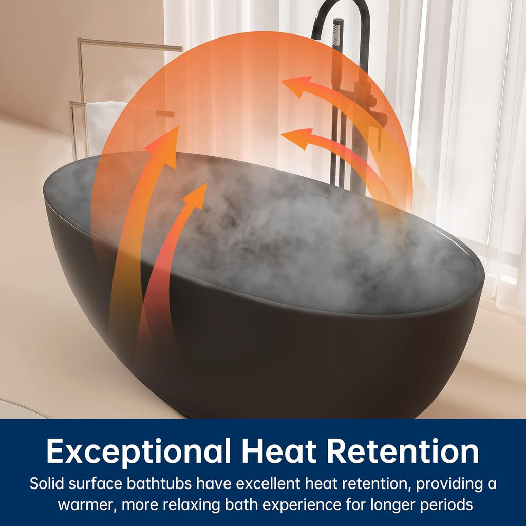 55'' Resin Stone Freestanding Bathtub, Matte Black Soaking Tub Solid Surface Modern Tubs with Overflow and Pop-up Drain in