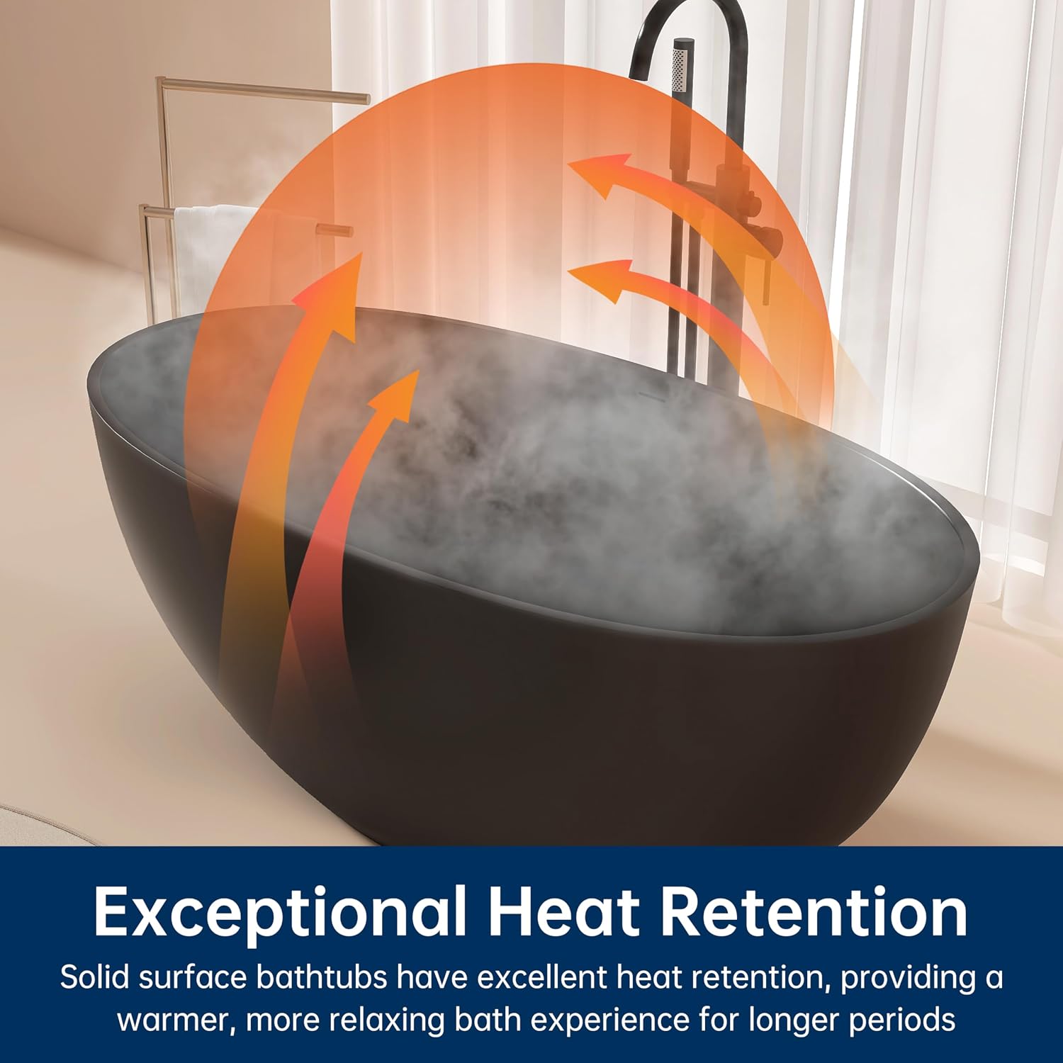 55'' Resin Stone Freestanding Bathtub, Matte Black Soaking Tub Solid Surface Modern Tubs with Overflow and Pop-up Drain in