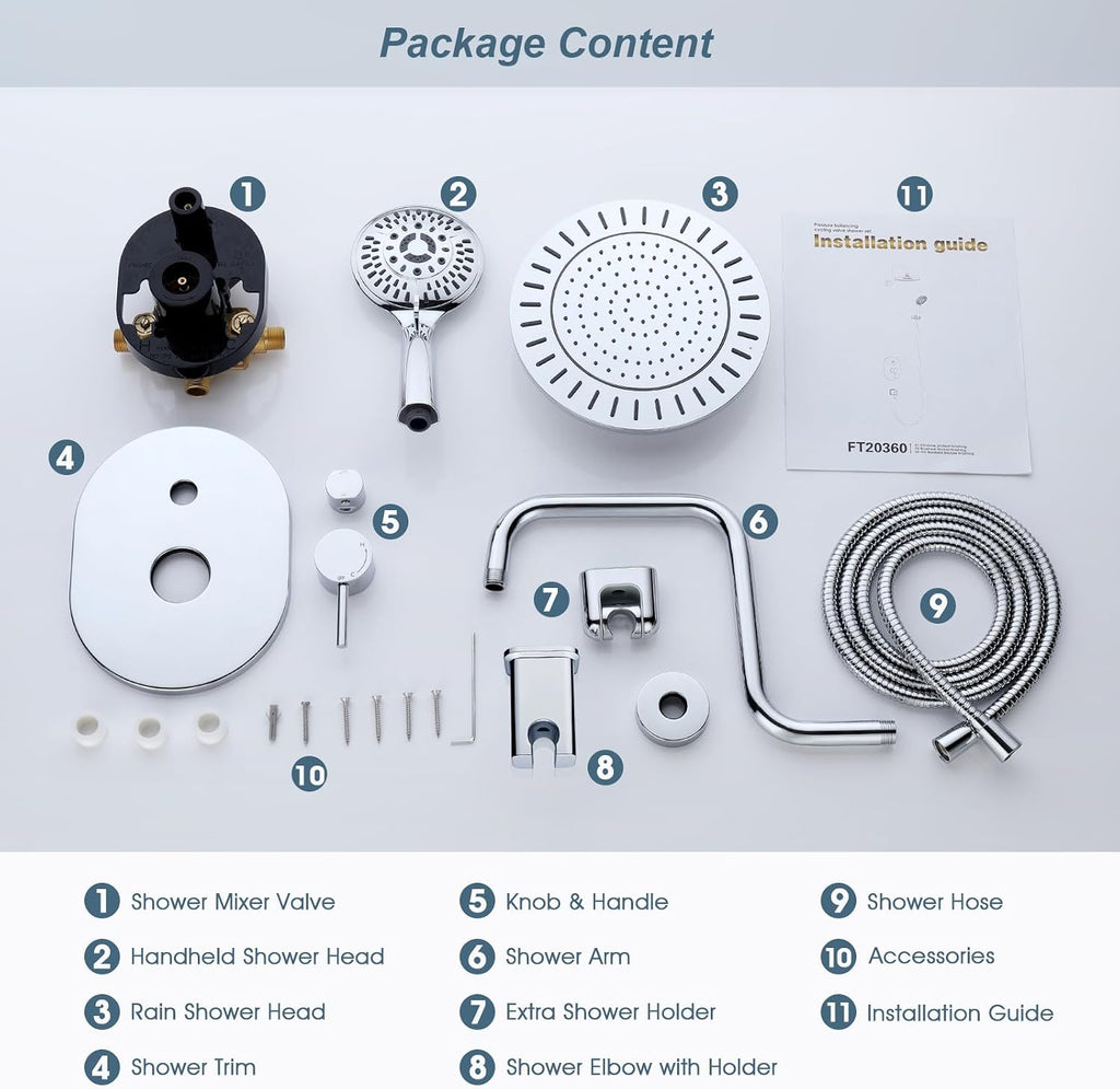BRIGHT SHOWERS Shower Faucet Set, Shower Head System with Rainfall Shower Head and Handheld Showerhead Combo, Valve and Trim Kit, Complete Shower Fixtures for Bathroom, Chrome