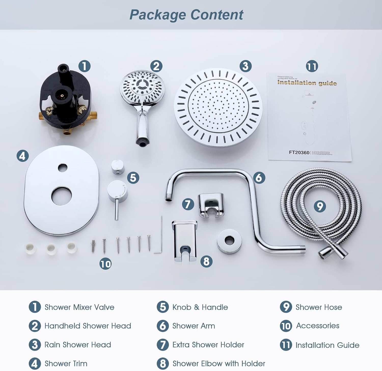 BRIGHT SHOWERS Shower Faucet Set, Shower Head System with Rainfall Shower Head and Handheld Showerhead Combo, Valve and Trim Kit, Complete Shower Fixtures for Bathroom, Chrome