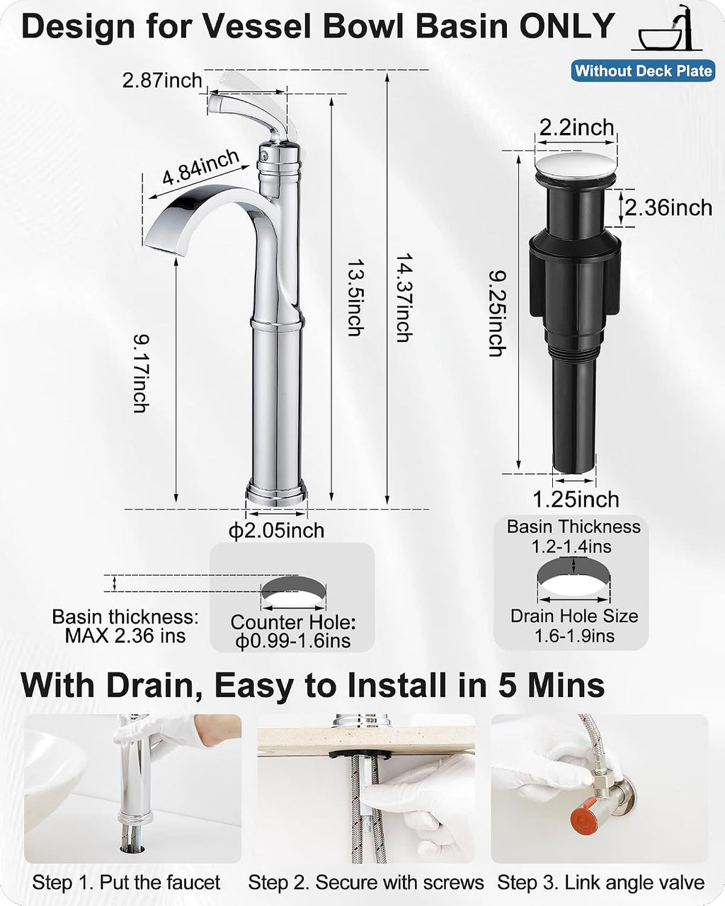Waterfall Vessel Faucet, Bathtub Faucet Set High Flow Brass Bath Tub Faucets, Tall Bathroom Faucet with Drain Supply Hose