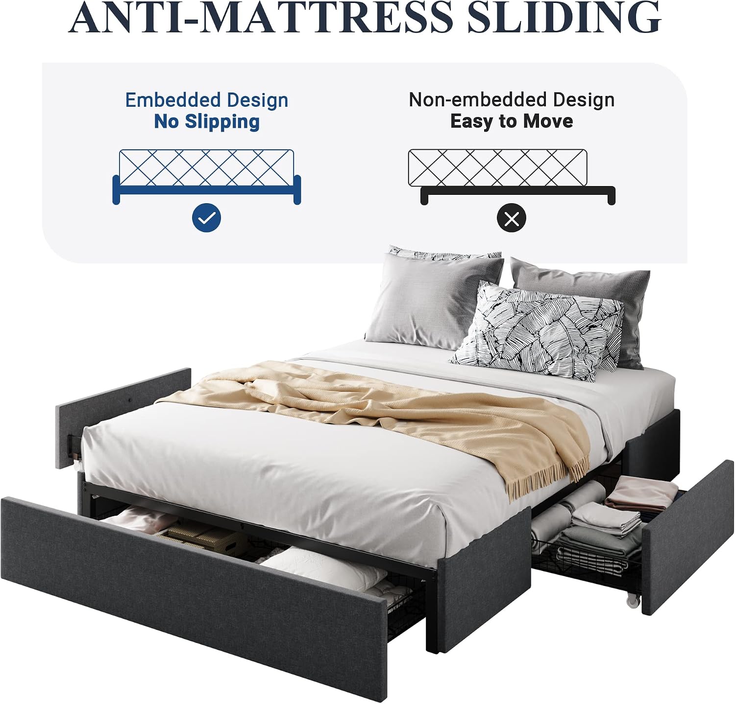 Allewie Queen Size Platform Bed Frame with 3 Storage Drawers, Fabric Upholstered, Wooden Slats Support, No Box Spring Needed, Noise Free, Easy Assembly, Dark Grey