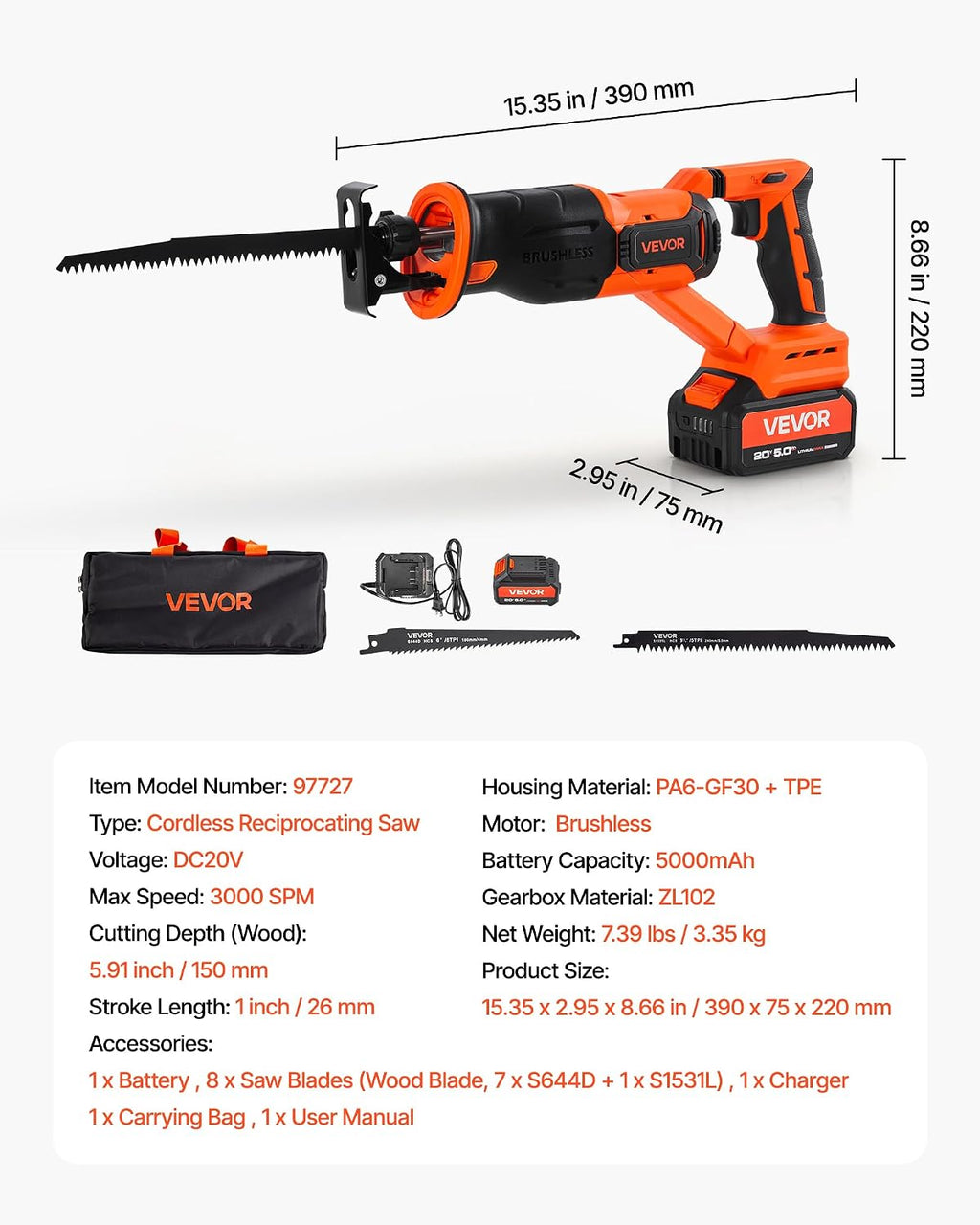 VEVOR 20V Brushless Reciprocating Saw, Cordless Reciprocating Saw with Battery, 3000 SPM Variable Speed, 1' Stroke Length Charger, 8 Blades, and Carrying Bag, for Wood, Metal and Plastic Cutting