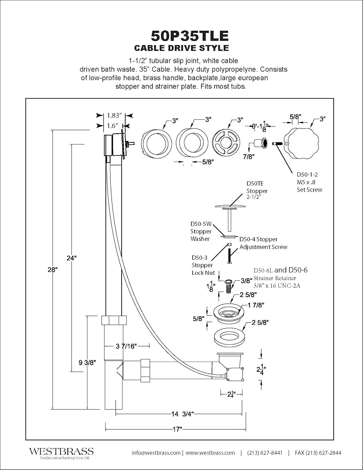 Westbrass A50P35TLE-05 35' Cable Drive Bath Drain Trim Kit with Rotary Overflow Cover Knob, European Stopper and Poly Tubular Pipes, Polished Nickel