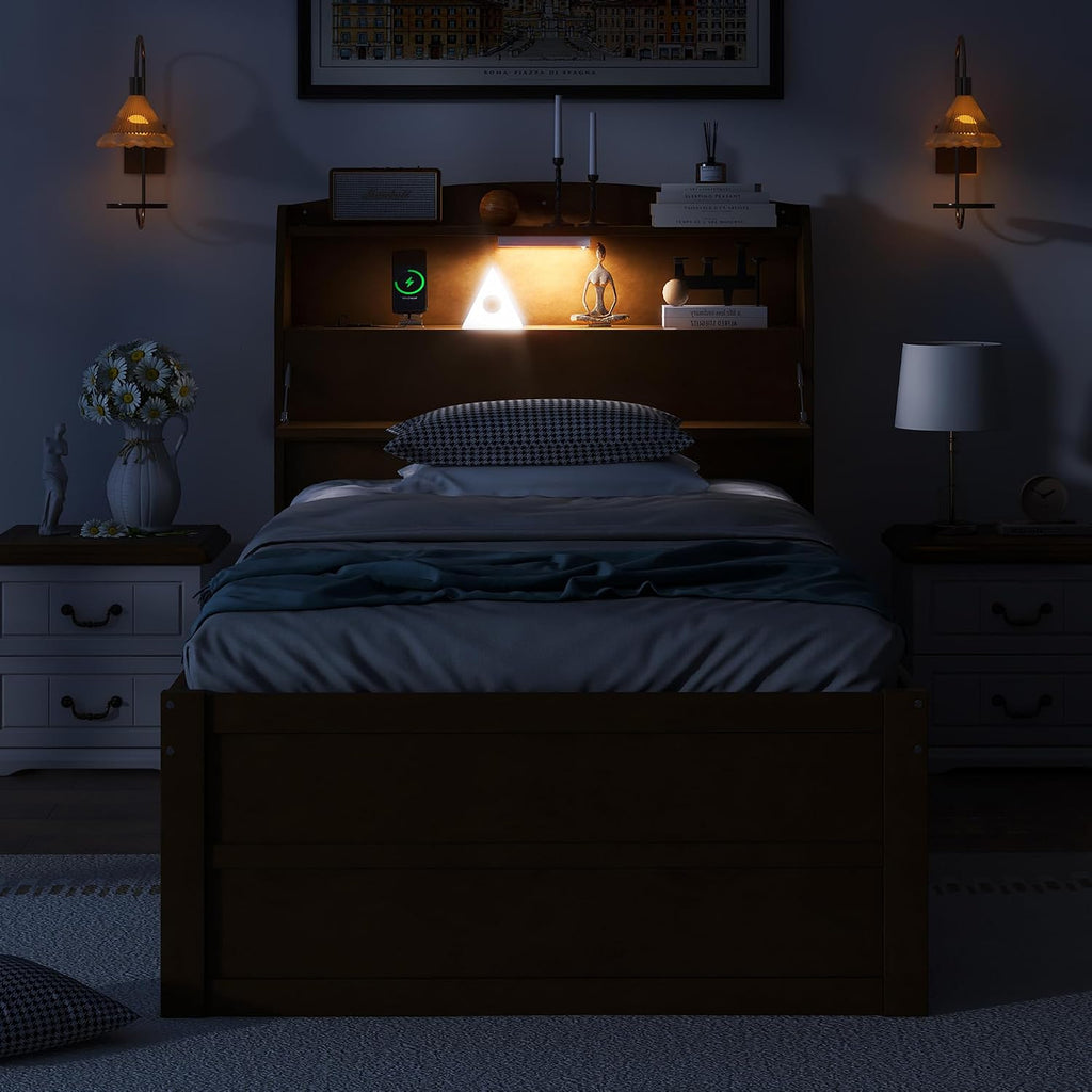 Multi-Function Twin Size Platform Bed with Trundle and 3 Drawers, Wood Captain Platform Bed Frame with Storage Headboard and Night Light, Maximized Space, Brown-d1