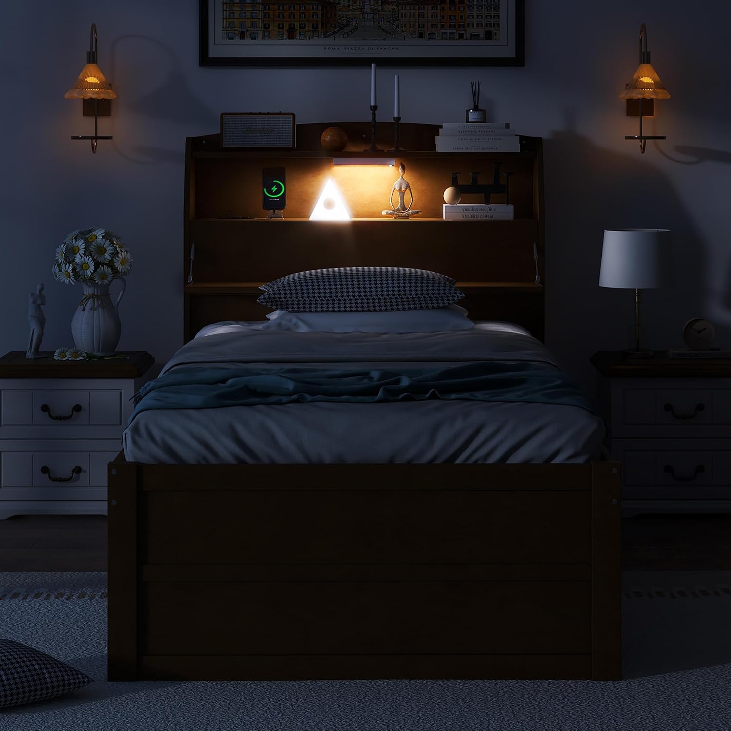Multi-Function Twin Size Platform Bed with Trundle and 3 Drawers, Wood Captain Platform Bed Frame with Storage Headboard and Night Light, Maximized Space, Brown-d1