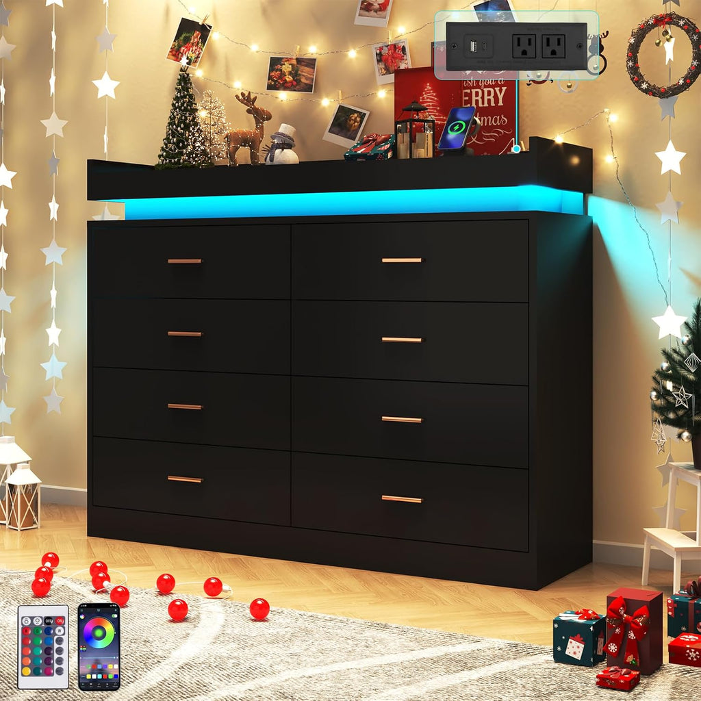 Hlivelood 8 Drawer Dresser with LED Light and Charging Station, Modern Chest of Drawers for Closet, Wide Drawer Organizer Cabinet for Bedroom, Living Room, Entryway, Hallway(Black)