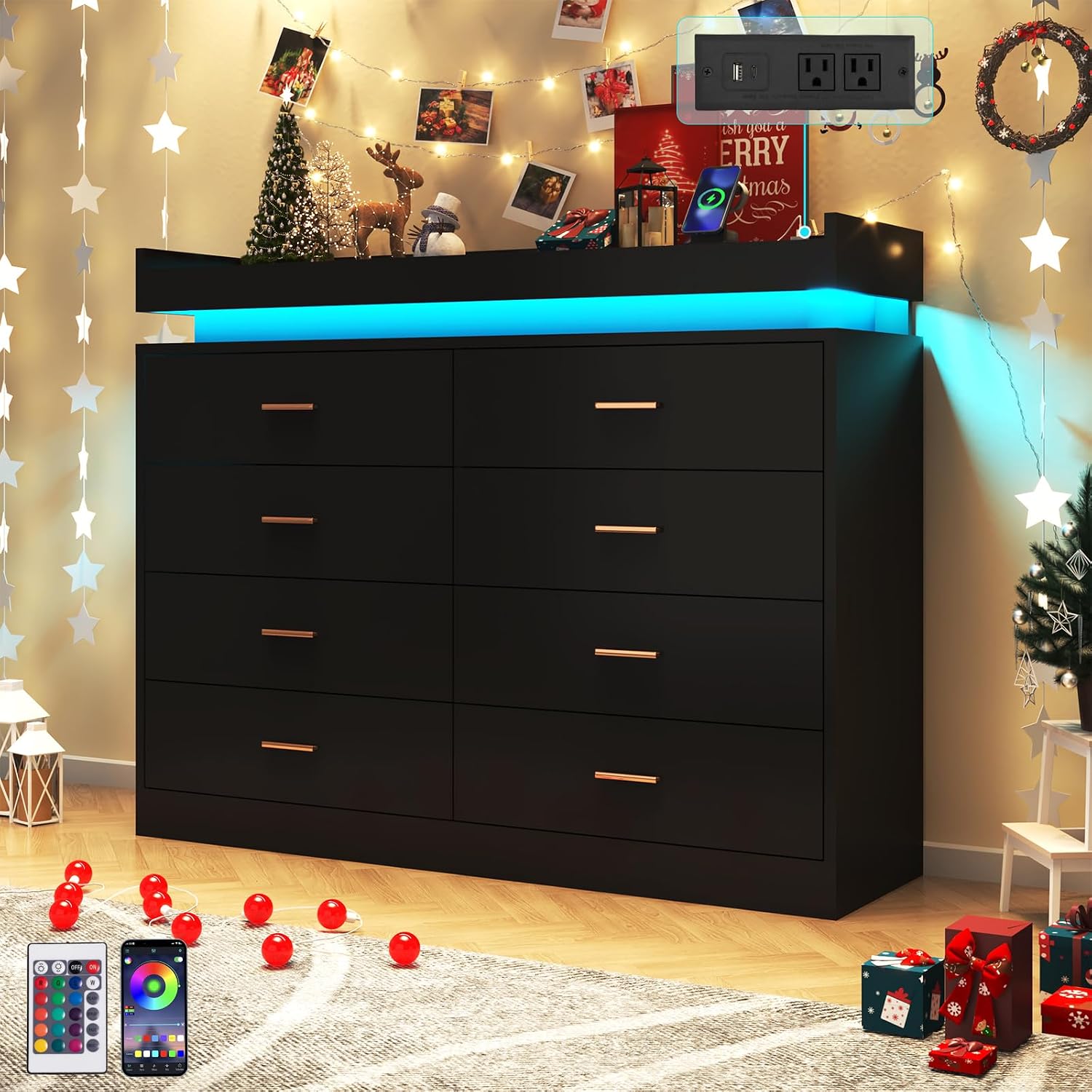 Hlivelood 8 Drawer Dresser with LED Light and Charging Station, Modern Chest of Drawers for Closet, Wide Drawer Organizer Cabinet for Bedroom, Living Room, Entryway, Hallway(Black)