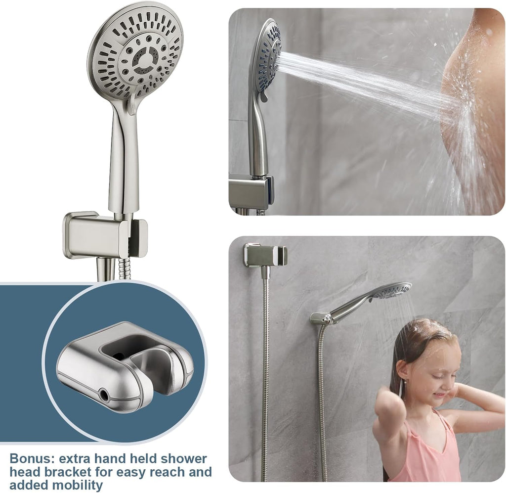 BRIGHT SHOWERS Shower Faucet Set, Shower Heads System with Rainfall Shower Head and Handheld Showerhead Combo, Shower Valve and Trim Kit, Wall Mounted Shower Holder and 79' Shower Hose, Brushed Nickel