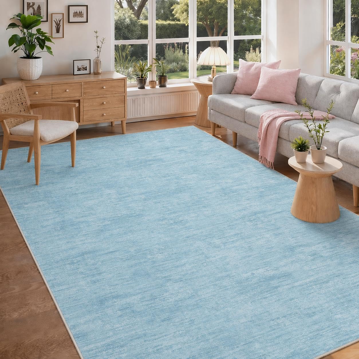 RUGSREAL 8x10 Washable Rug for Living Room Non-Slip Modern Abstract Area Rug Stain Resistant Large Bedroom Rug Contemporary Accent Throw Floor Carpet Solid Rug for Dining Room Home Decor, Blue