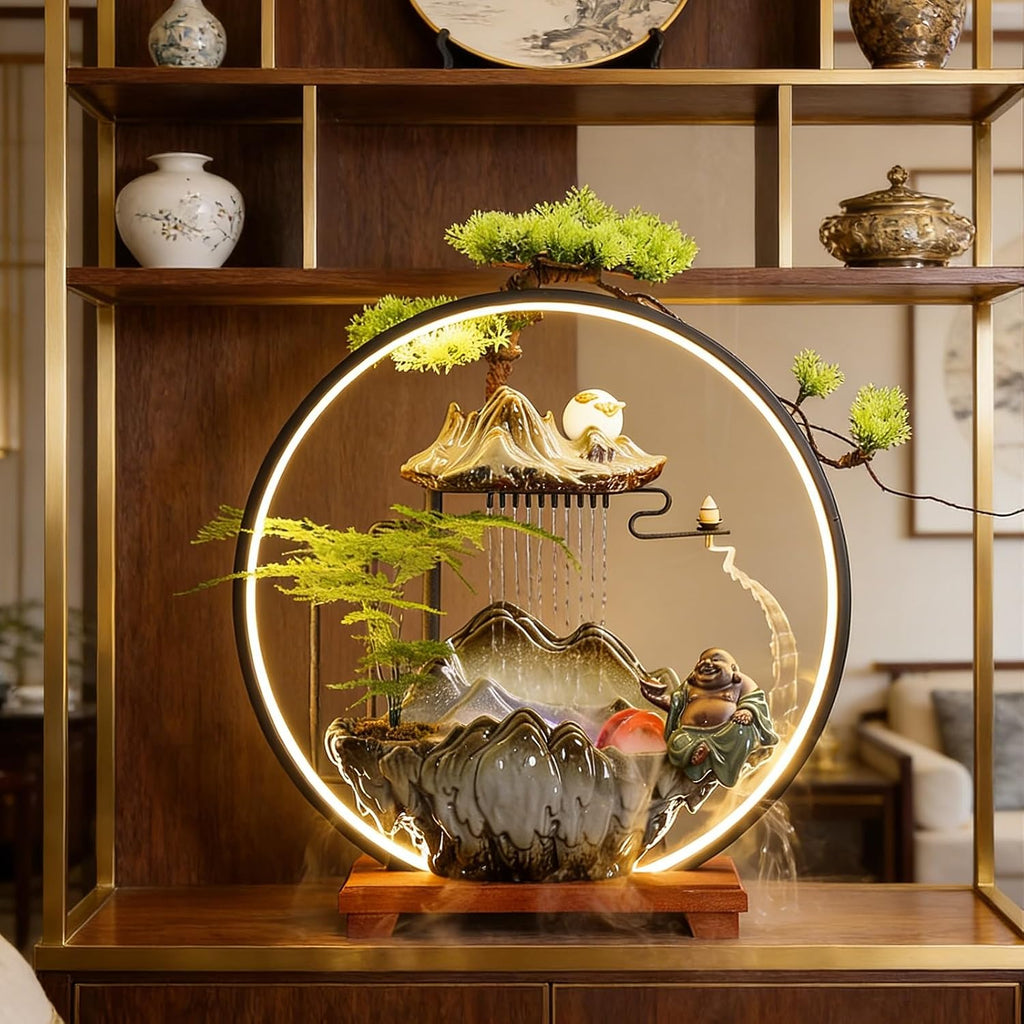 Tabletop Fountain with LED Light, Indoor Waterfall Fountain with Water Wheel & Wood Base, Chinese-Style Creative Water Feature for Office Living Room Bedroom(C)