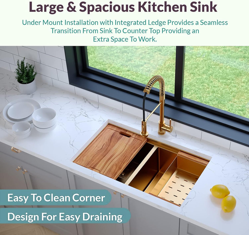 Strictly Sinks 32' Gold Undermount Workstation Kitchen Sink– Scratch and Stain Resistant –16 Gauge Double Bowl Bottom Grid, Wooden Cutting Board, Colander 1 Disposal Adapter & 2 Strainer Drains